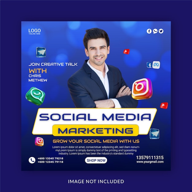 Un poster per il social media marketing con un uomo in giacca e cravatta.