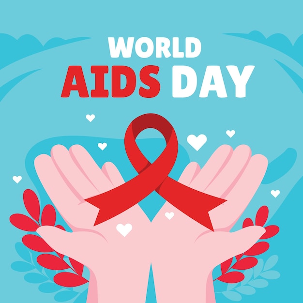 un poster per la Giornata Mondiale dell'AIDS con mani e cuori che dicono Giornata mondiale dell'AIDS