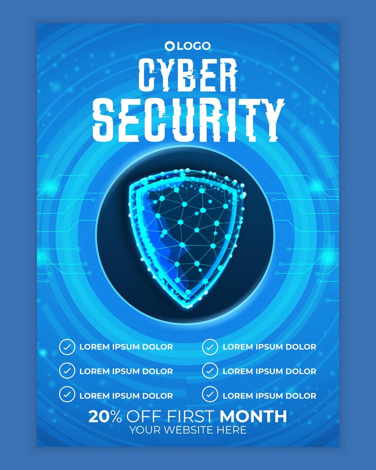 un poster per la sicurezza informatica su uno sfondo blu
