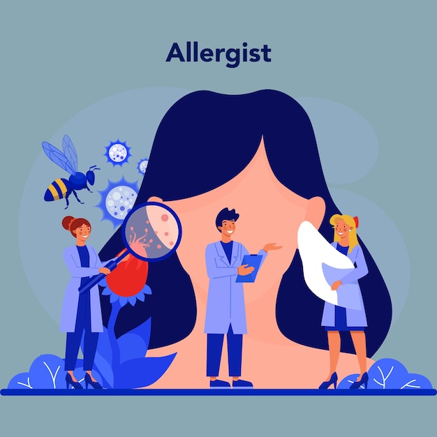 Un poster per le allergie con una donna e un'ape sul fondo.