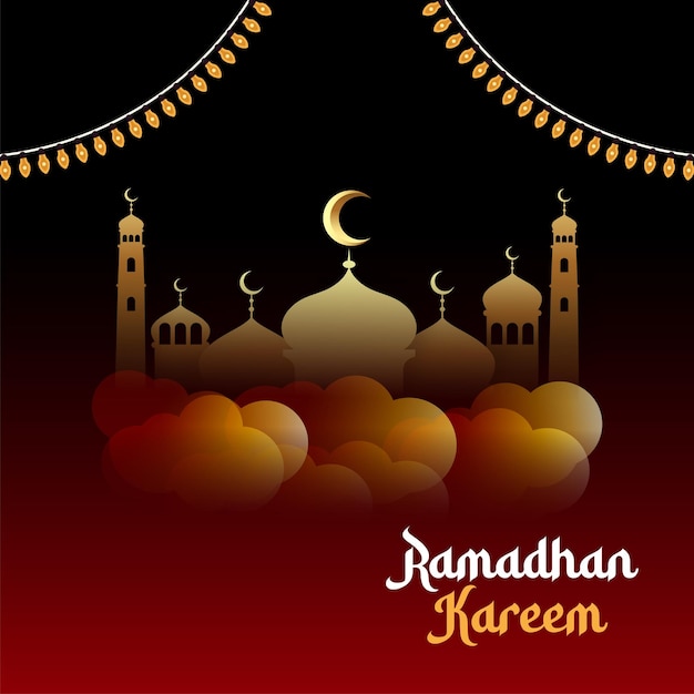 Un poster per Ramadan Kareem con luna e luci