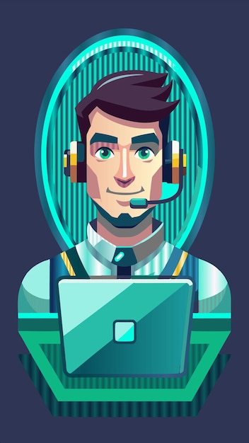 un poster per un uomo con un auricolare e un monitor per computer