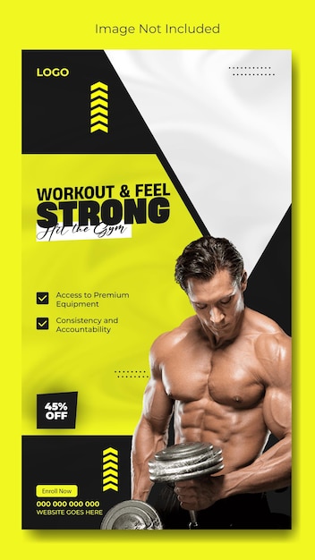 un poster per un uomo con uno sfondo giallo che dice fitness e forza