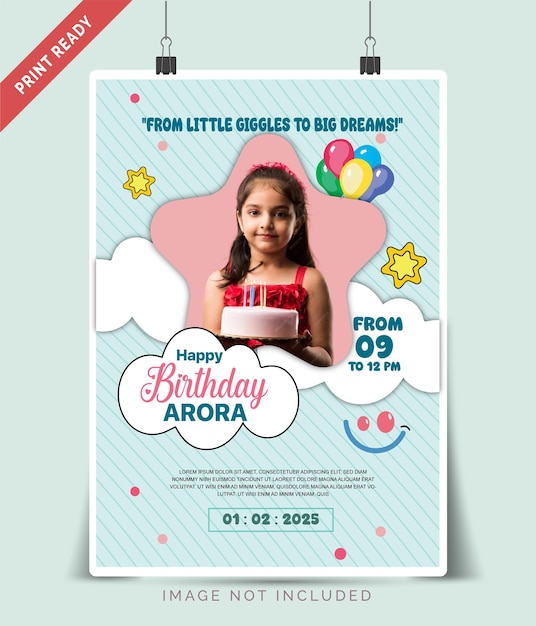 un poster per una festa di compleanno con una piccola torta di compleanno
