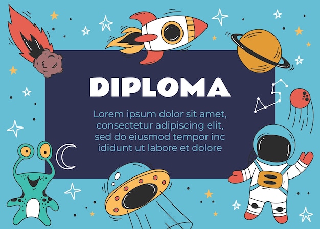 un poster per una festa di laurea con un cartone animato di una navicella spaziale e una nave spaziale