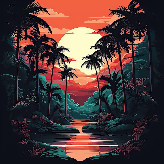 Un poster per una scena di spiaggia con palme e sole dietro.