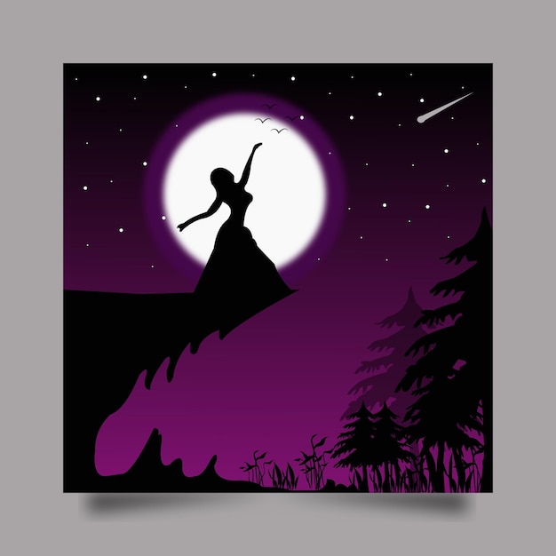 Un poster viola con la sagoma di una donna che balla su una scogliera con una stella nel cielo.