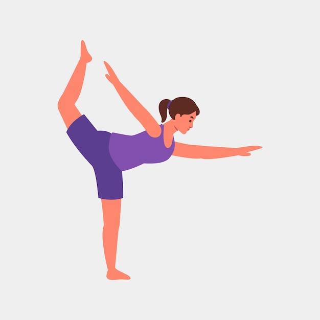 Un praticante di yoga sereno si bilancia graziosamente in postura di ballerina su uno sfondo chiaro