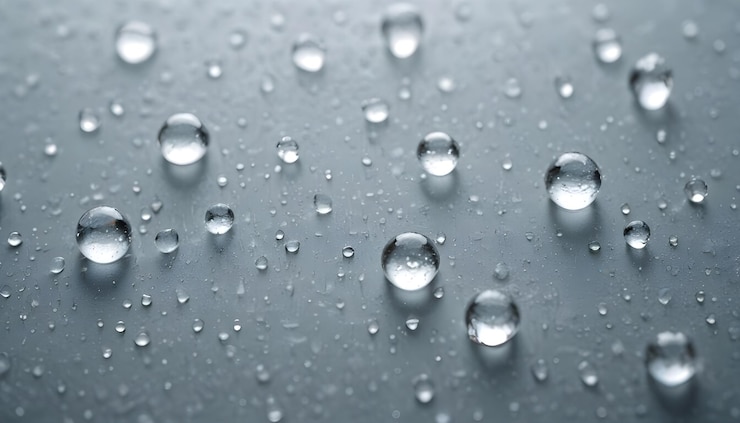 Vettore un primo piano di gocce d'acqua su una superficie grigia