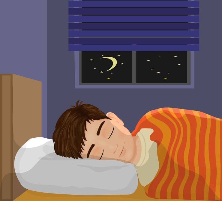 Vettore un ragazzino che dorme nel suo letto