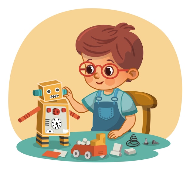 Un ragazzino che fa un'illustrazione vettoriale di robot
