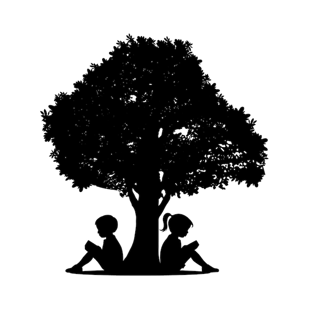 Un ragazzino e una ragazzina che leggono un libro sotto la silhouette dell'albero amano leggere bambini che leggono libri.