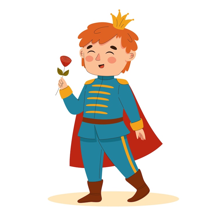 Vettore un ragazzo carino e allegro vestito da principe di favola.