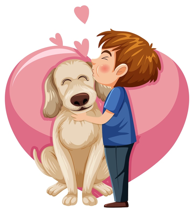 Vettore un ragazzo che gioca con il cane sullo sfondo del cuore
