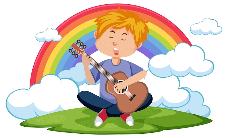Vettore un ragazzo che suona la chitarra con sfondo arcobaleno