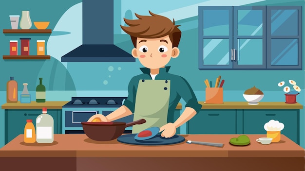 un ragazzo dei cartoni animati che cucina in una cucina con uno chef sullo sfondo