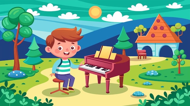 Un ragazzo di cartoni animati felice che suona il pianoforte all'aperto vicino alla sua casa colorata