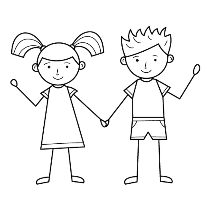 Vettore un ragazzo e una ragazza si tengono per mano. simpatici personaggi. un disegno lineare a mano. illustrazione in bianco e nero