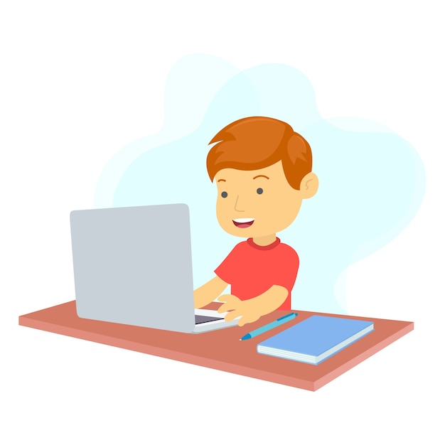 Un ragazzo sta studiando online utilizzando un laptop in una stanza