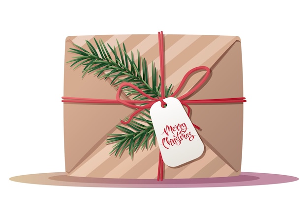 Un regalo legato con un nastro con un ramo di abete Una scatola avvolta in carta da imballaggio con auguri di Natale e Capodanno illustrazione
