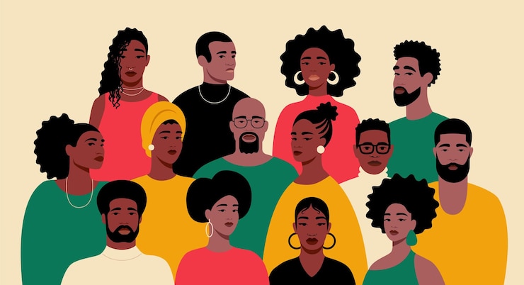Vettore un ritratto di gruppo di neri, uomini e donne afroamericani, mese della storia nera.