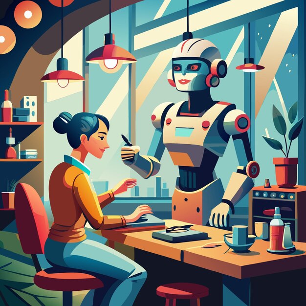 Un robot amichevole assiste un cliente in un caffè