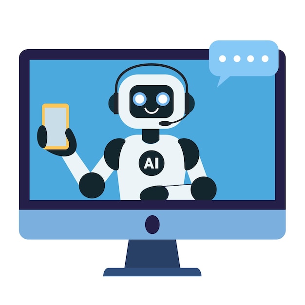 Un robot di chat carino sullo schermo del monitor del computer che mostra lo smartphone