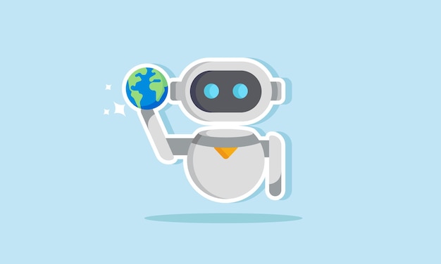 Un robot tiene in mano e mostra un globo che illustra come l'IA domina il mondo