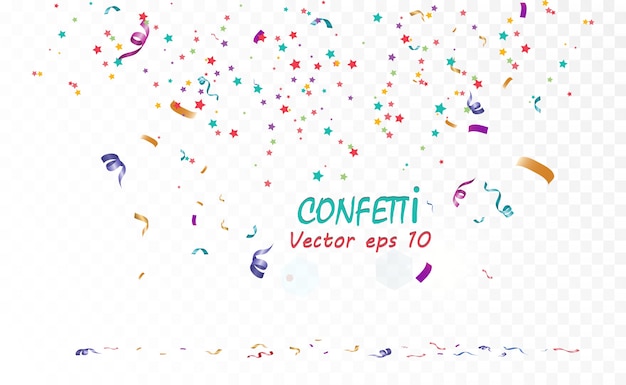 Un sacco di piccoli coriandoli colorati e nastri su sfondo trasparente. Evento festivo e festa. Sfondo multicolore Coriandoli luminosi colorati isolati su sfondo trasparente