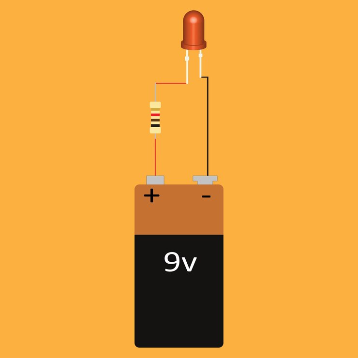 Vettore un semplice circuito a led con resistenza in serie funzionante con batteria a 9v