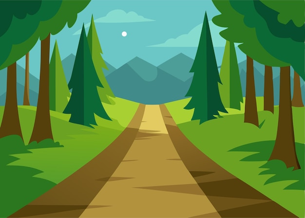 Un sentiero della foresta che porta verso le montagne sotto un cielo blu