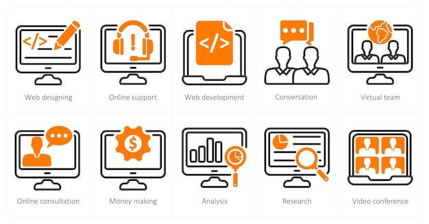 Un set di 10 icone aziendali come web designing online support web development
