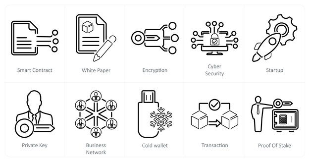 Un set di 10 icone blockchain come crittografia di white paper di contratto intelligente