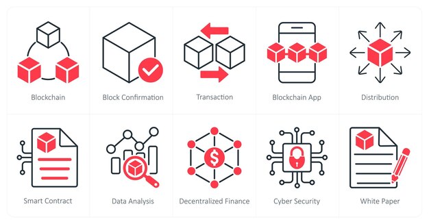 Un set di 10 icone Blockchain come transazione di conferma del blocco blockchain