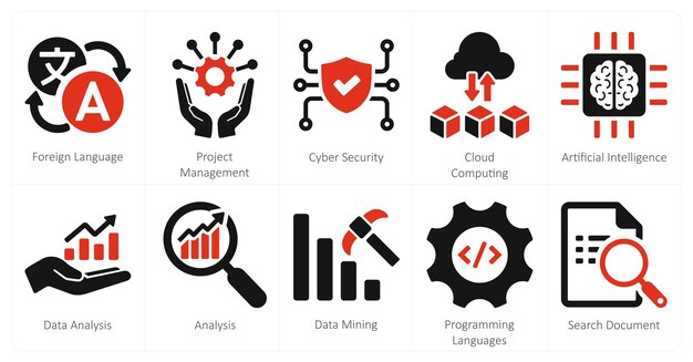 Un set di 10 icone di abilità dure come gestione di progetti in lingua straniera e sicurezza informatica