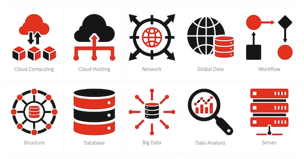 Un set di 10 icone di analisi dei dati come cloud computing cloud hosting network