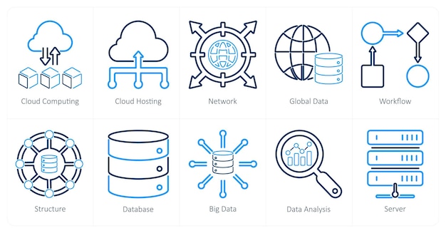 Un set di 10 icone di analisi dei dati come cloud computing cloud hosting network