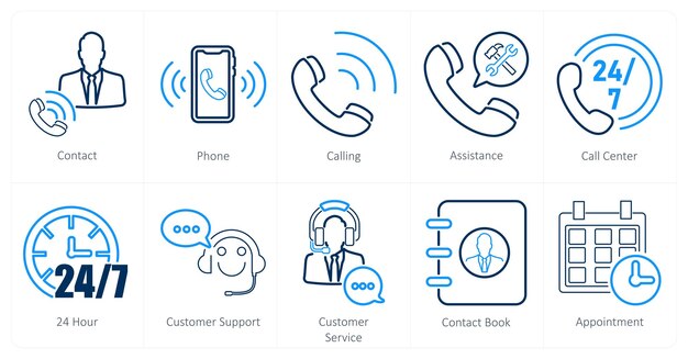 Un set di 10 icone di contatto come chiamata telefonica di contatto