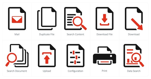 Un set di 10 icone di file come contenuto di ricerca di file duplicati di posta