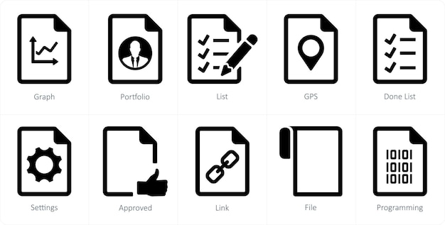 Un set di 10 icone di file come lista di portafoglio grafico