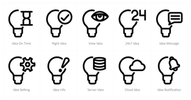 Un set di 10 icone di idea come idea in tempo idea giusta idea vista idea