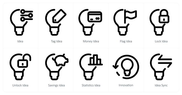Un set di 10 icone di idee come idea tag idea idea denaro idea