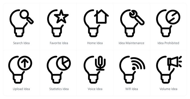 Un set di 10 icone di idee come ricerca idea idea preferita idea casa idea
