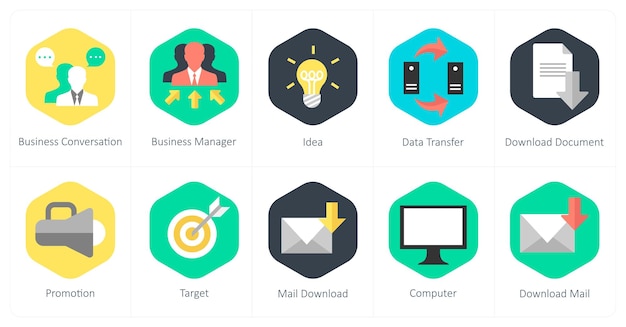 Un set di 10 icone di mix come idea di business conversation business manager