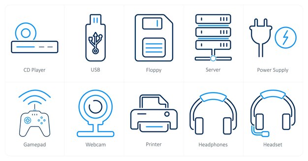Un set di 10 icone di parti di computer come CD player USB floppy