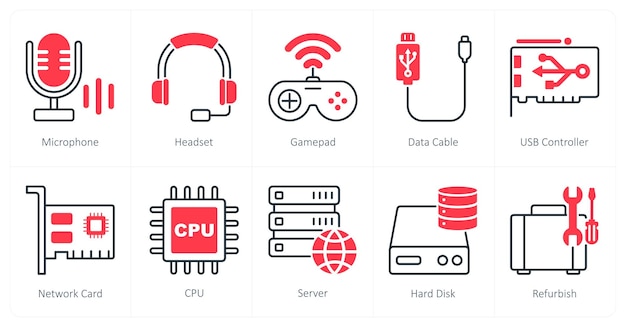 Un set di 10 icone di parti di computer come gamepad con cuffie per microfono