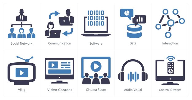 Un set di 10 icone di realtà virtuale come software di comunicazione di social network