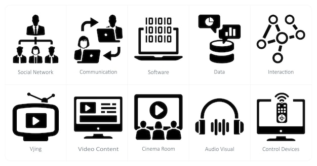 Un set di 10 icone di realtà virtuale come software di comunicazione di social network
