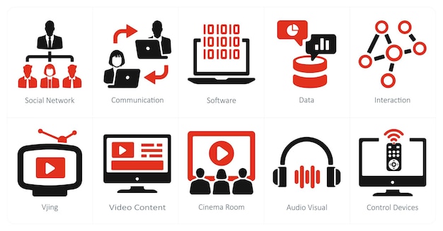 Un set di 10 icone di realtà virtuale come software di comunicazione di social network