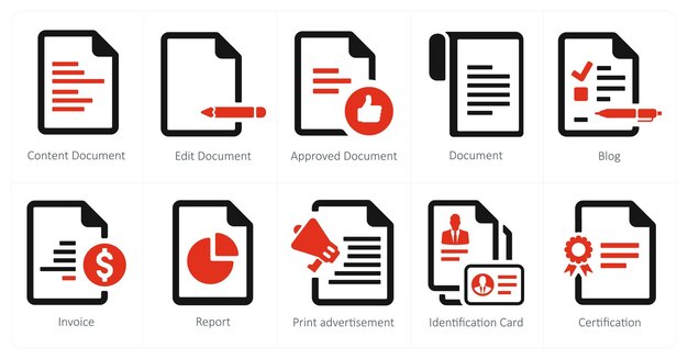 Un set di 10 icone di web marketing come documento di contenuto, documento di modifica, documento approvato